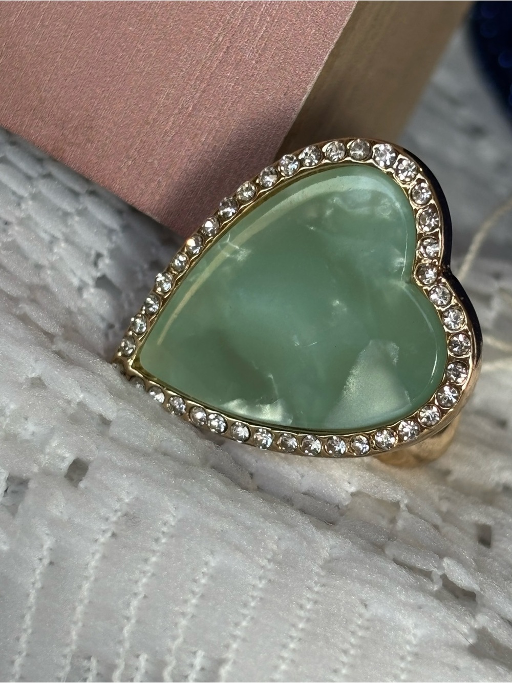 Park Lane Spearmint Gold Heart Ring with Mint Green Center Crystal Halo Size 8